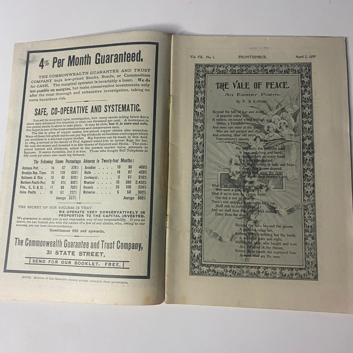 Interior pages of The New England Home Magazine, April 2, 1899, featuring the poem 'The Vale of Peace' by W.R. Kaharl.