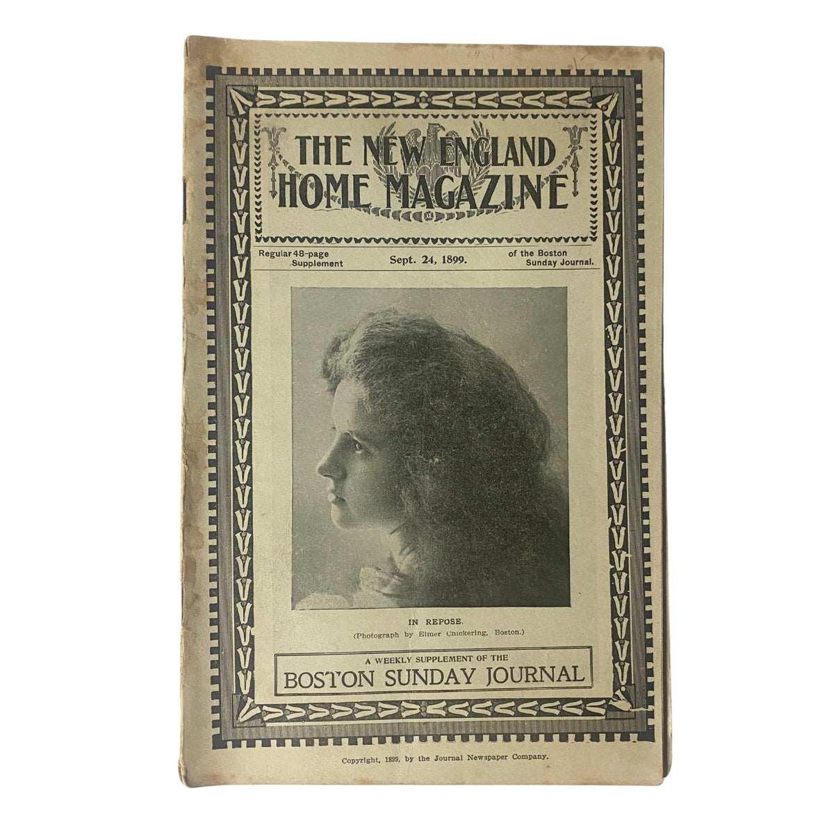 Cover of The New England Home Magazine dated September 24, 1899 featuring the title 'In Repose' and a portrait photograph by Elmer Chickering.