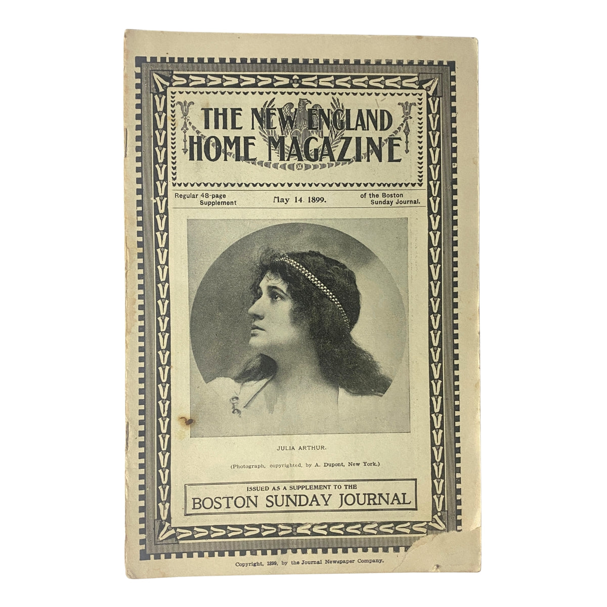 Cover of The New England Home Magazine dated May 14, 1899 featuring a portrait of actress Julia Arthur, photographed by A. Dupont, New York.