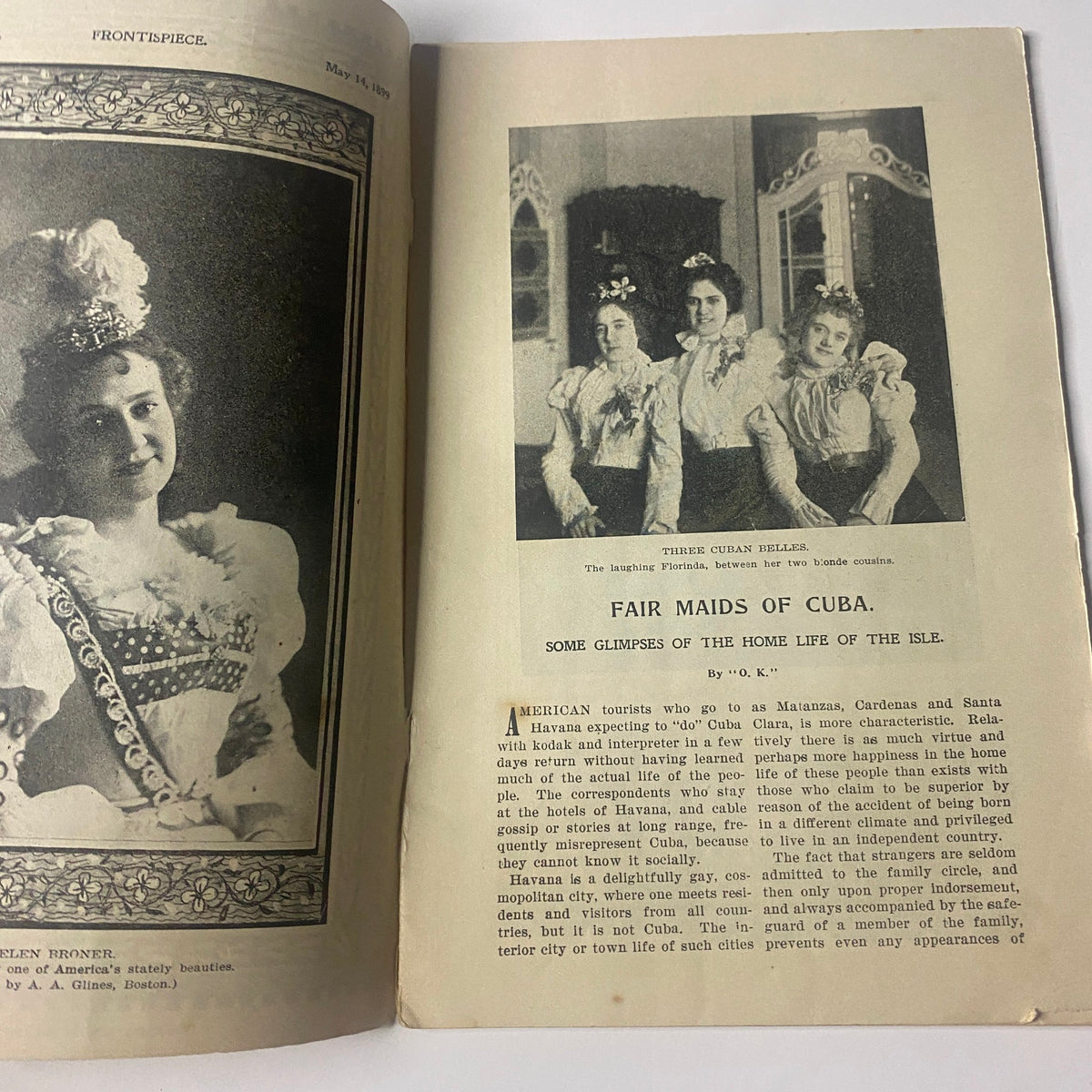 Interior page of The New England Home Magazine, May 14, 1899, featuring the article 'Fair Maids of Cuba' along with photographs depicting Cuban women.