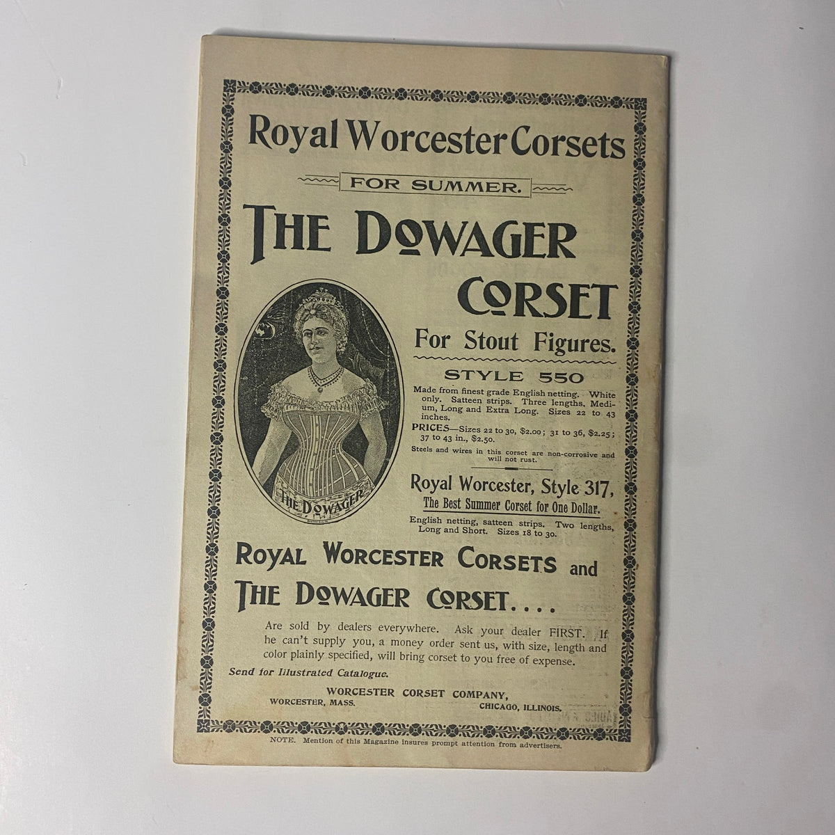 Advertisement page in The New England Home Magazine, May 14, 1899, featuring Royal Worcester Corsets and promoting the Dowager Corset for stout figures.