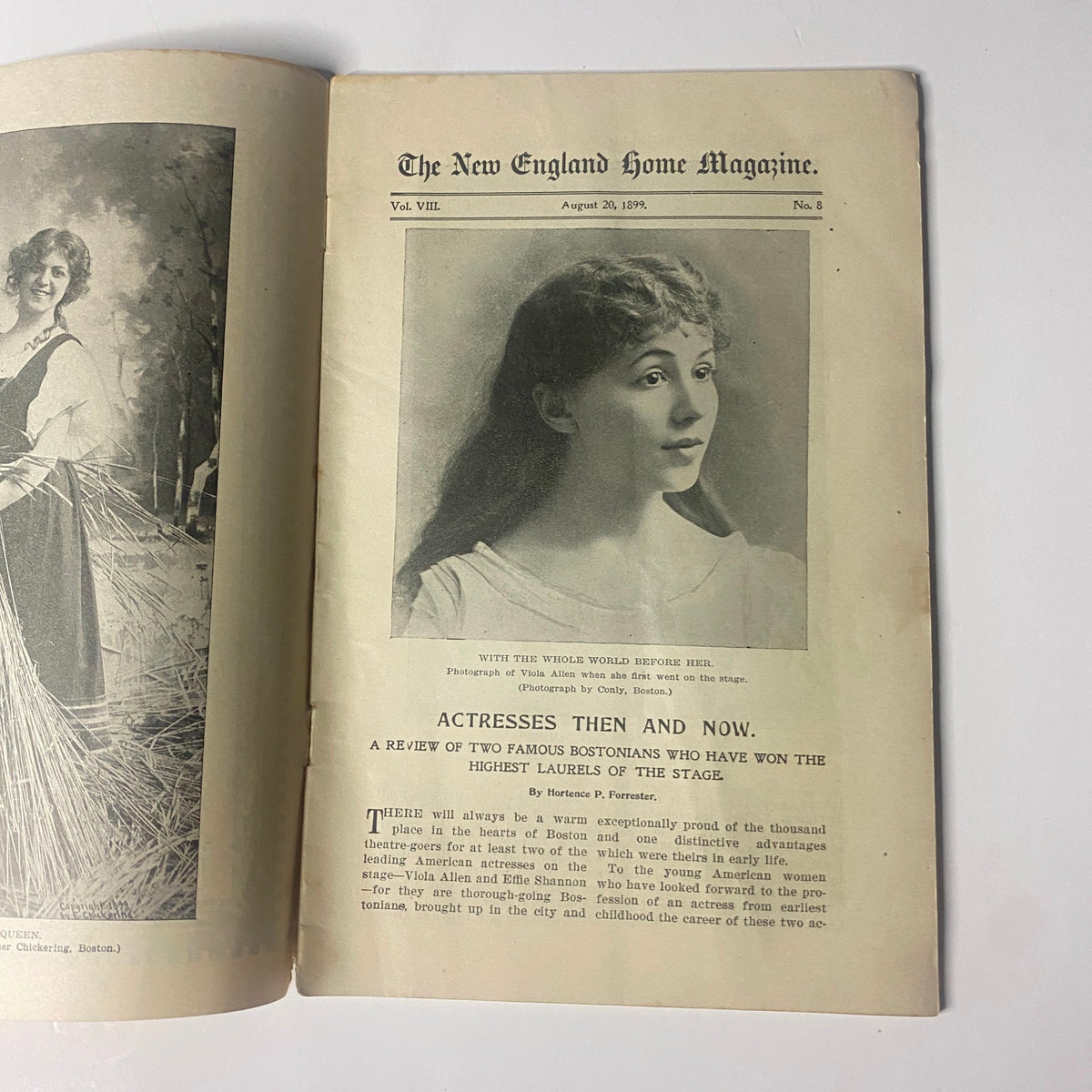 Inside page of The New England Home Magazine from August 20, 1899, showcasing an article titled 'With the Whole World Before Her' alongside a portrait of actress Viola Allen, reflecting 19th-century theater and photography.
