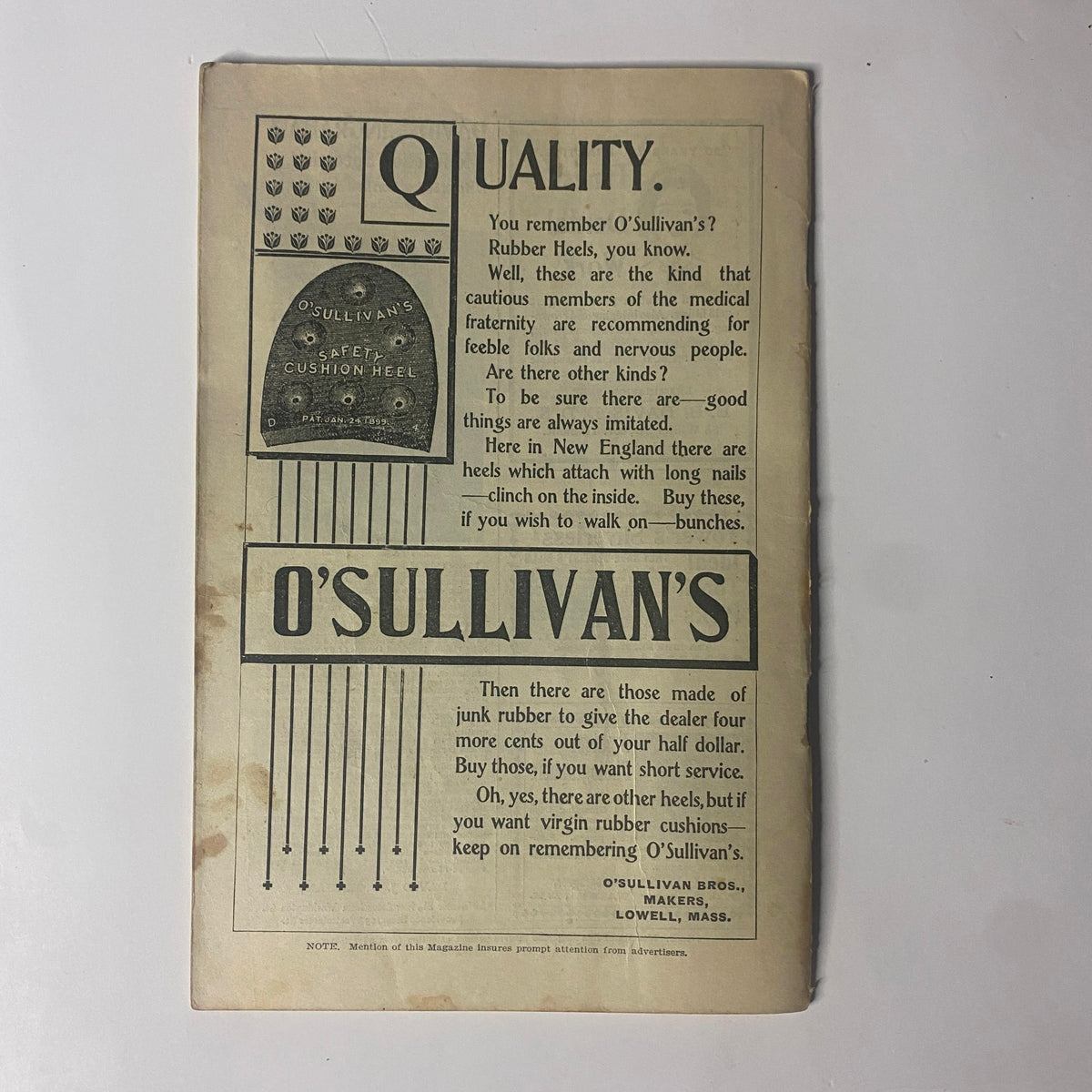 The New England Home Magazine June 25, 1899 advertisement for O'Sullivan's rubber goods, promoting the quality and affordability of rubber products, reflecting consumer culture of the time.