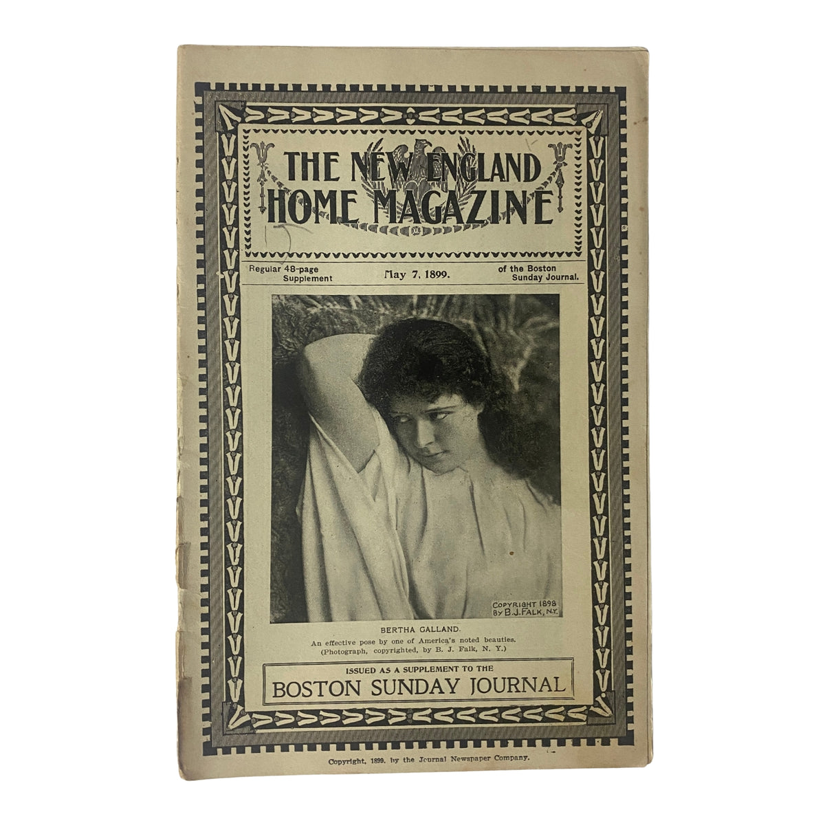 Cover of The New England Home Magazine from May 7, 1899 featuring a portrait of Bertha Galland, highlighting antique photography and Gilded Age culture.