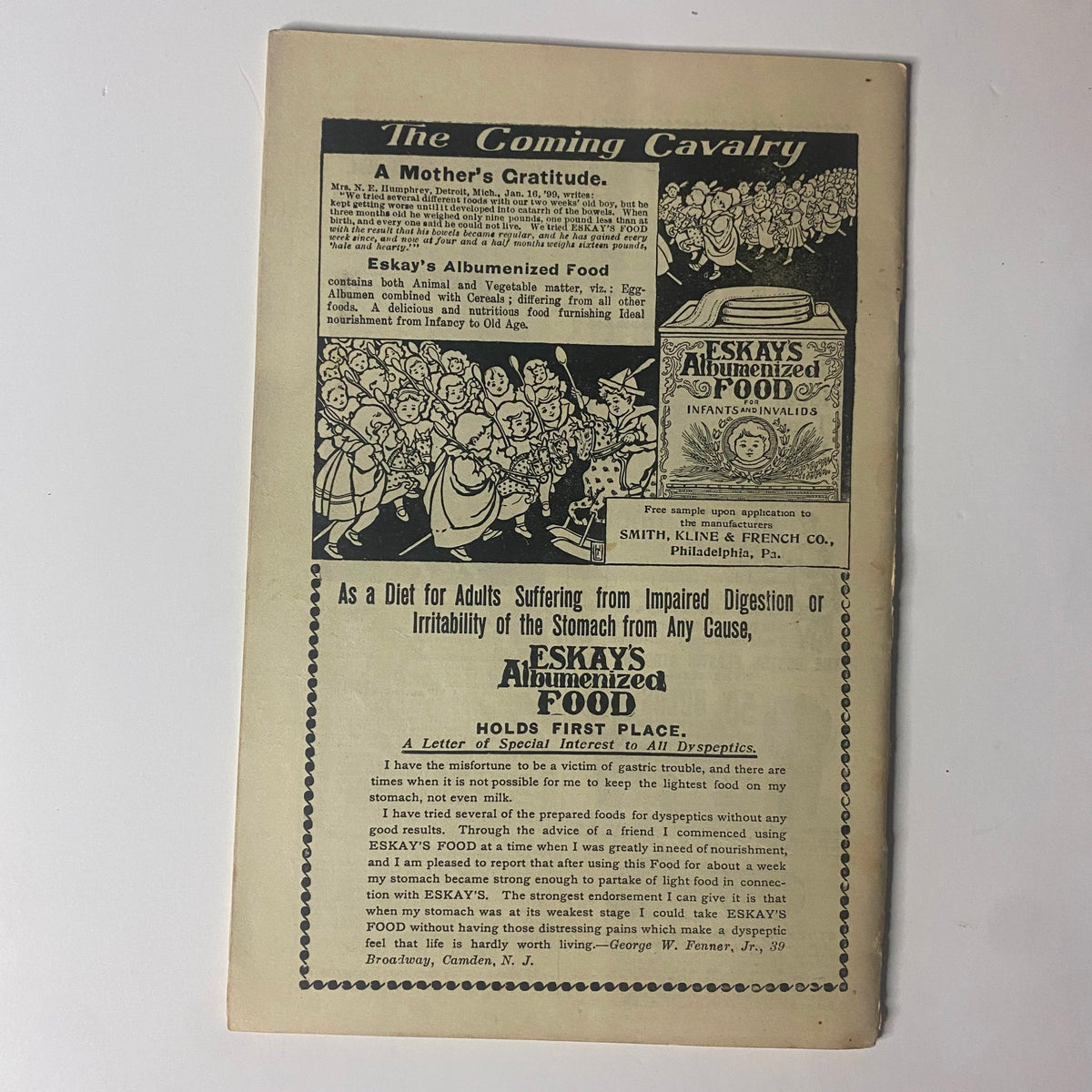 The Coming Cavalry advertisement from The New England Home Magazine May 7, 1899, promoting Eskay's Albuminized Food for infants, highlighting historical product marketing.