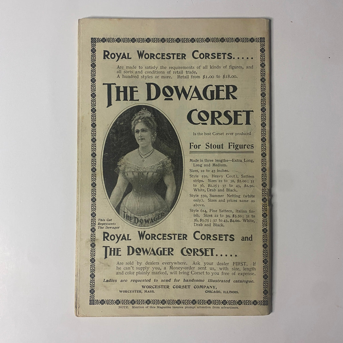 The Dowager Corset advertisement in The New England Home Magazine, April 30, 1899, highlighting corsets for stout figures, promoting Royal Worcester Corsets.