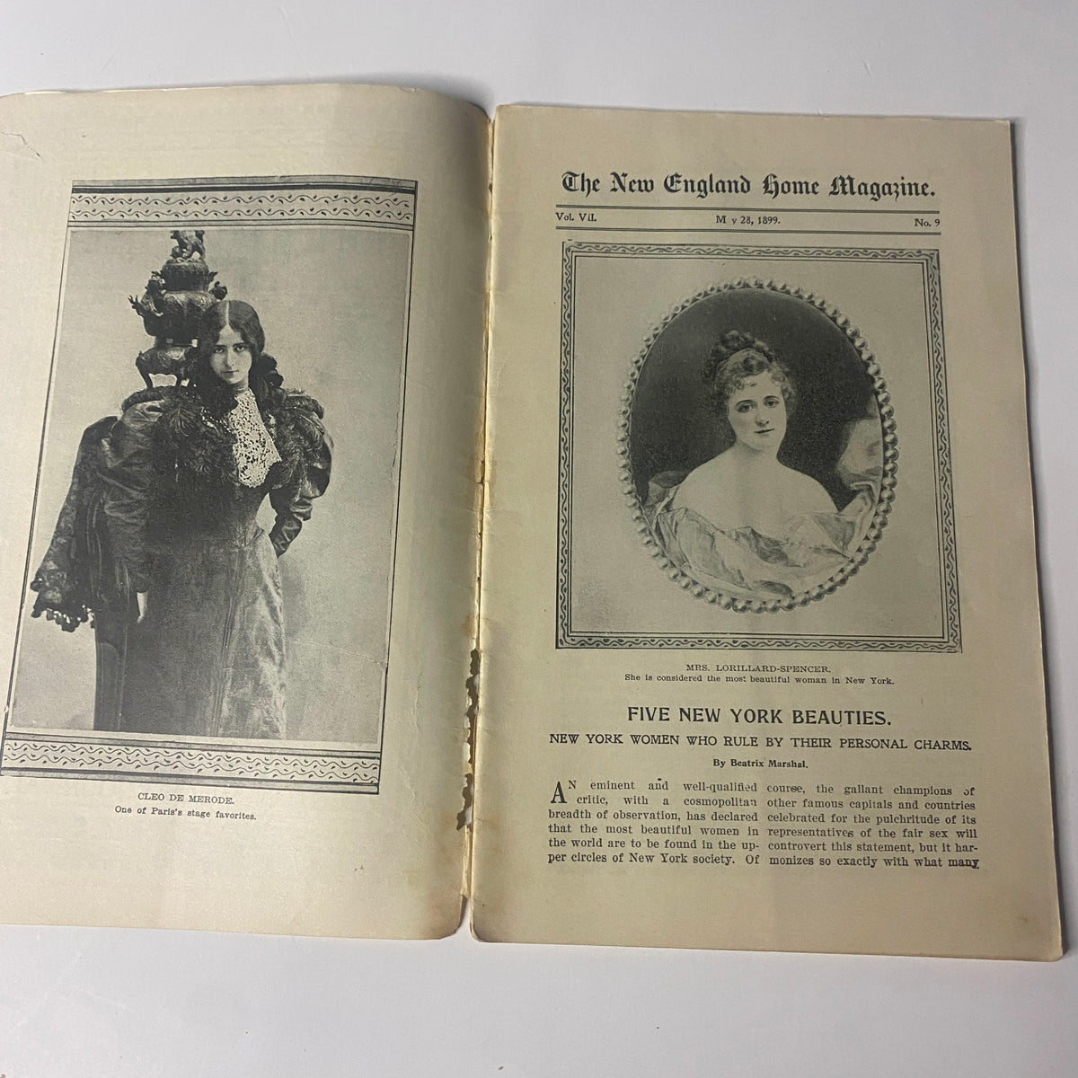 Interior pages of The New England Home Magazine, May 28, 1899, showcasing an article on Mrs. Lorillard-Spencer and a feature on New York's leading social beauties.