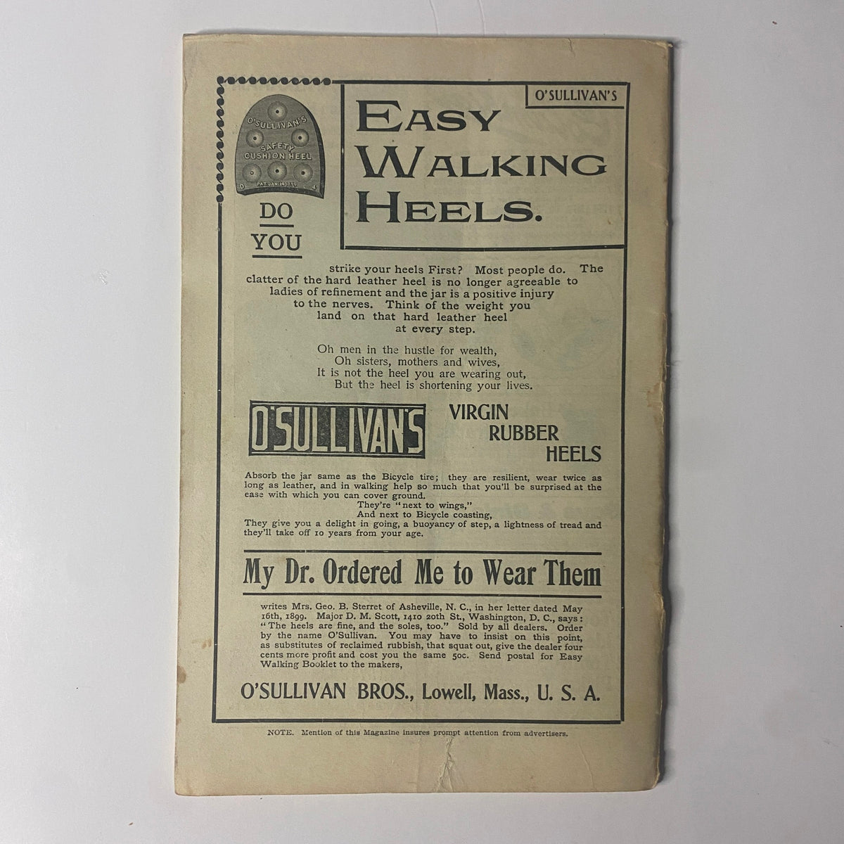 Advertisement for O'Sullivan's Easy Walking Heels from The New England Home Magazine, featuring claims about comfort and quality.