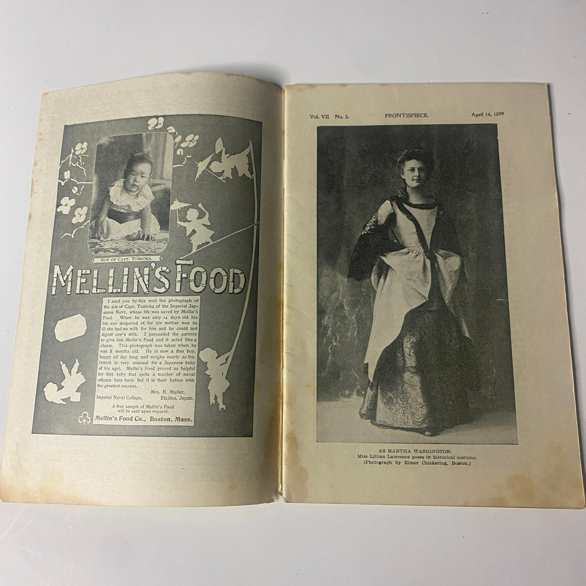 Interior pages of The New England Home Magazine, April 16, 1899, showcasing an advertisement for Mellin's Food alongside a photo of Miss Lillian Lawrence in a Martha Washington costume.