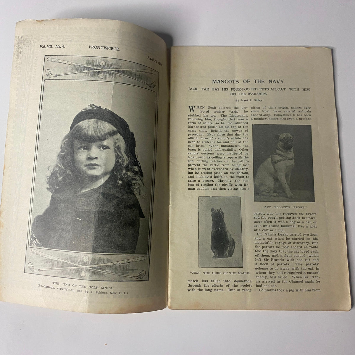 Interior page of The New England Home Magazine, April 23, 1899, showcasing a photograph and article titled 'Mascots of the Navy' with a discussion about sailors' pets aboard warships.