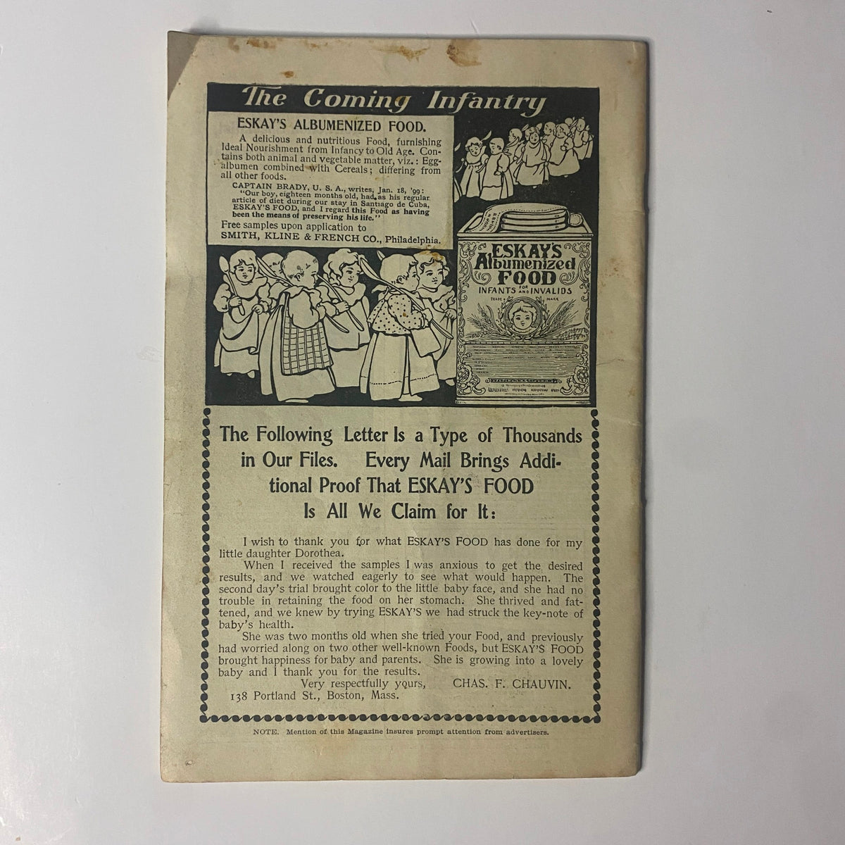 Back cover of The New England Home Magazine, April 23, 1899, featuring an advertisement for Eskay's Albuminized Food, highlighting its benefits with illustrations of children and a caption about the food's wide acceptance.