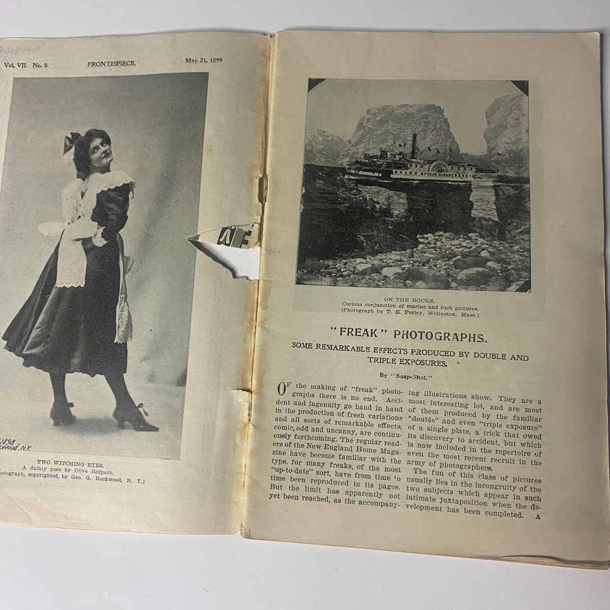 A page from The New England Home Magazine dated May 21, 1899, featuring a photograph titled 'Two Witching Eyes' of a young girl in a dress, alongside an article about 'Freak' photographs demonstrating effects of double and triple exposures.