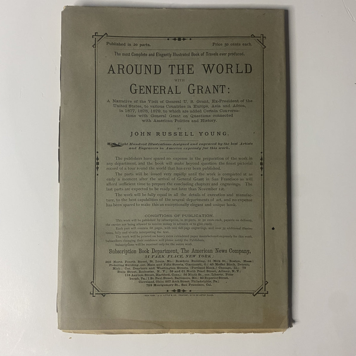 Back cover of "Around the World with General Grant - Book by John Russell Young, Part Sixteen" with publication details and conditions for the printed work.