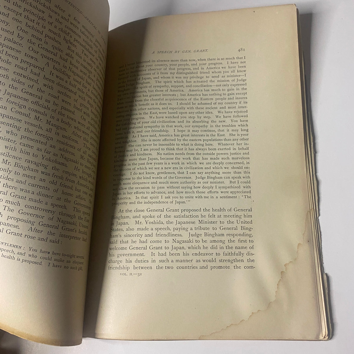 Page excerpt from 'Around the World with General Grant, Part Eighteen' by John Russell Young, showcasing text about General Grant's speech in Japan.