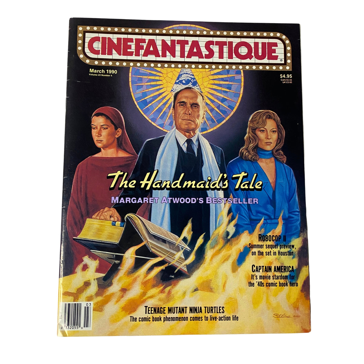 Cover of Cinefantastique Magazine, March 1990, featuring 'The Handmaid's Tale' by Margaret Atwood, with prominent images of a man in a suit and two women, surrounded by flames, showcasing sci-fi themes.