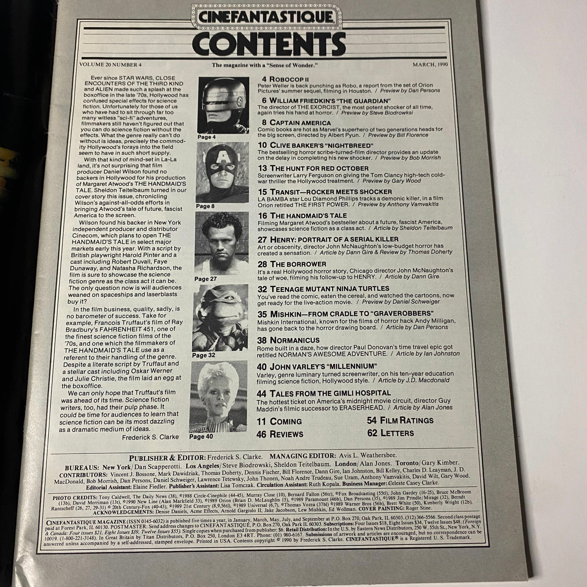 Contents page of Cinefantastique Magazine, March 1990, detailing articles including 'The Handmaid’s Tale' by Margaret Atwood and previews of films like 'Robocop II' and 'Captain America'.
