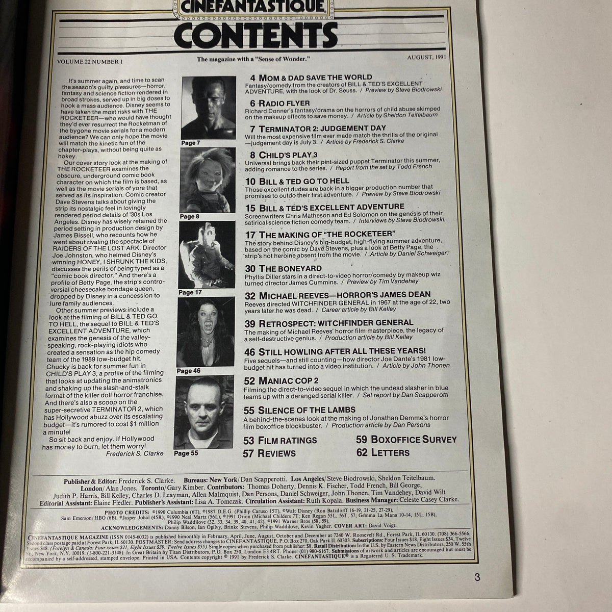 Back cover of Cinefantastique Magazine August 1991 displaying the contents page, listing featured articles and movie reviews, including The Making of The Rocketeer and insights on Silence of the Lambs.