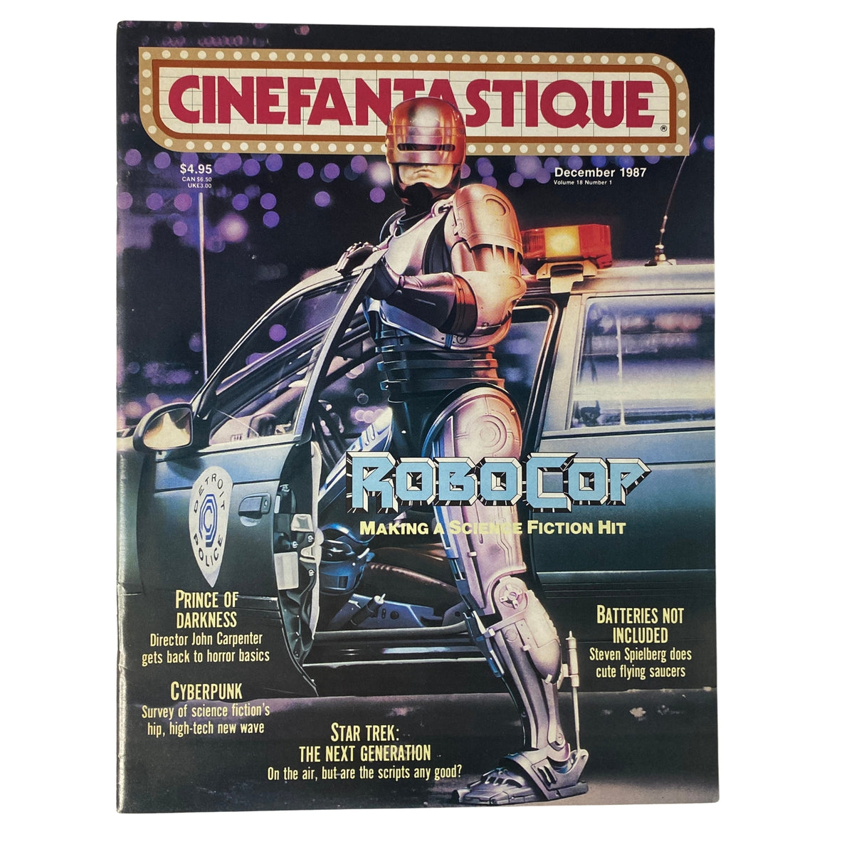 Cinefantastique Magazine December 1987 featuring RoboCop on the cover, showcasing the iconic character against a backdrop of a police car, highlighting its role as a significant science fiction hit.