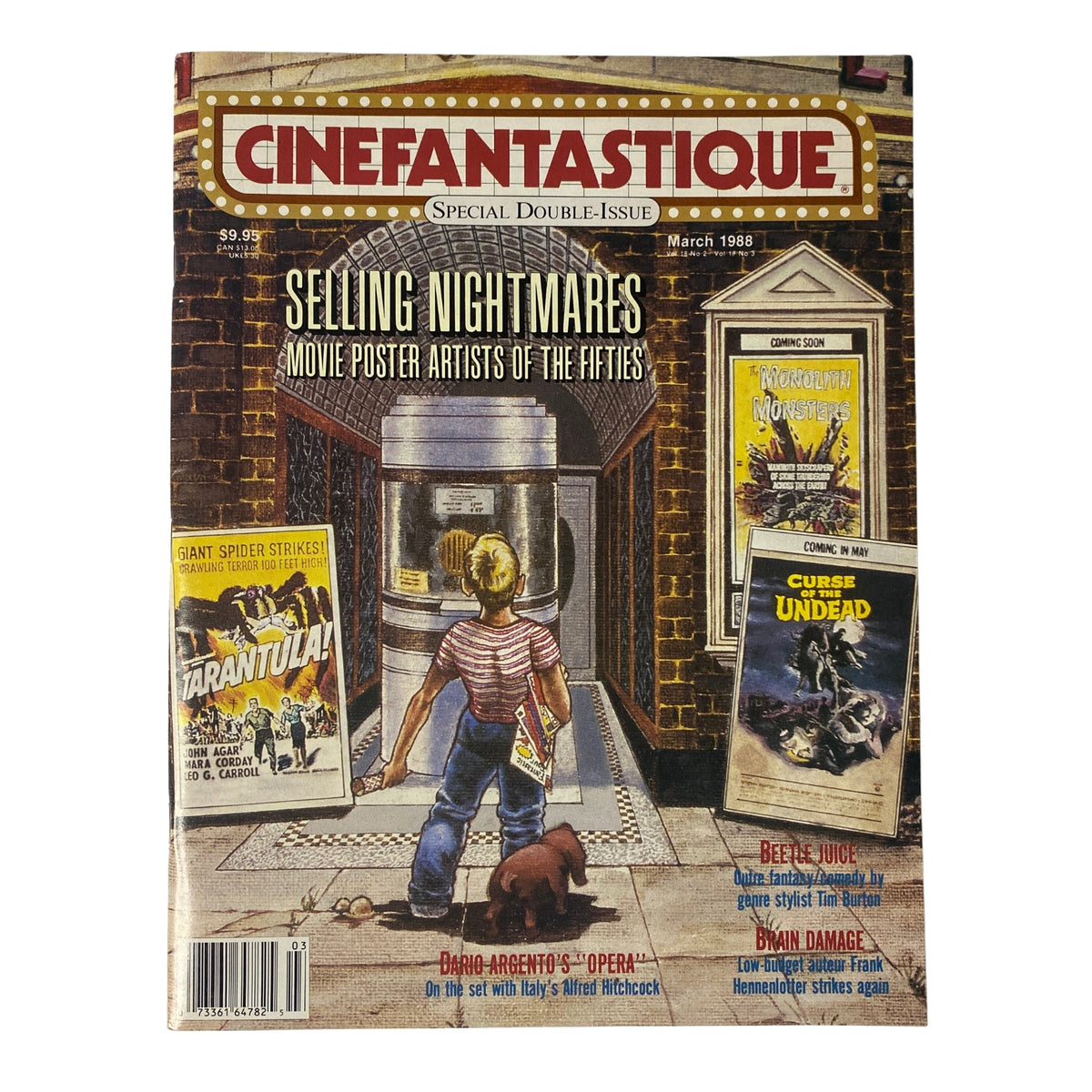 Cinefantastique Magazine March 1988 cover featuring a boy in front of a vending machine, highlighting 'Selling Nightmares' feature on movie poster artists of the 1950s, alongside references to films such as 'Beetlejuice' and 'Dario Argento's Opera', showcasing the vibrant retro design ideal for collectors.