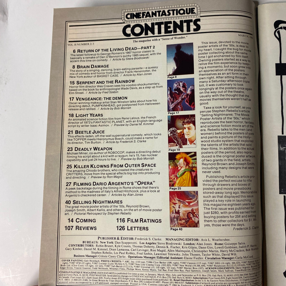 Contents page of Cinefantastique Magazine March 1988 featuring The Monolith Monsters retrospective, listing articles on various films such as Return of the Living Dead—Part 2, Serpent and the Rainbow, and Beetlejuice. Ideal for collectors of vintage sci-fi and horror magazines.