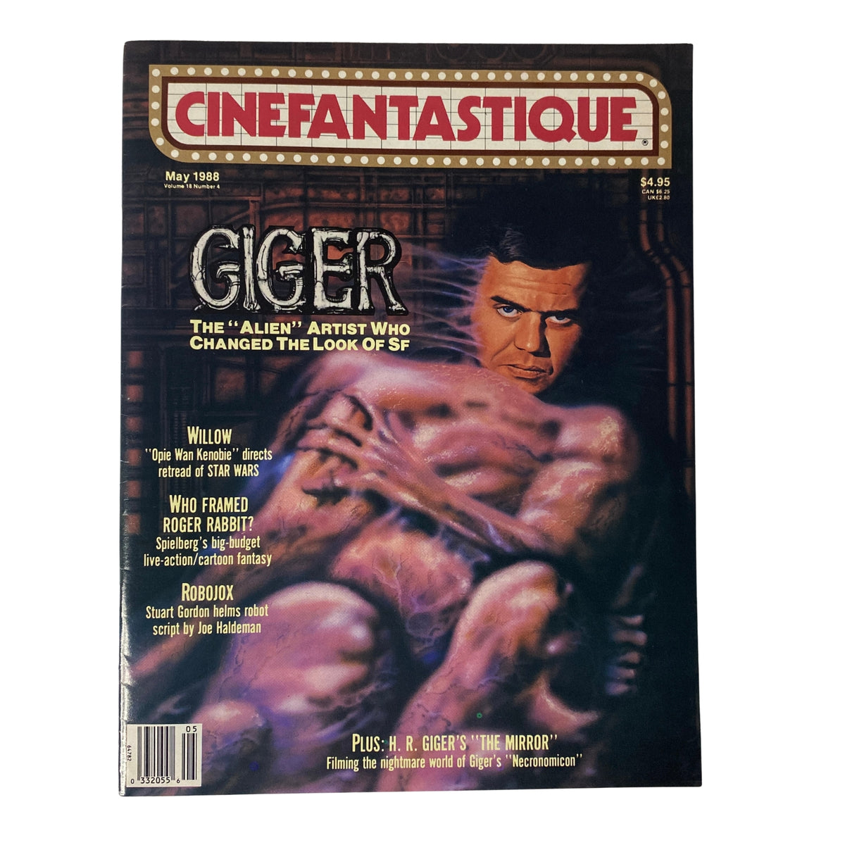 Cinefantastique Magazine from May 1988 featuring H.R. Giger on the cover, showcasing the artist known for his work on 'Alien.' The magazine highlights Giger's influence in science fiction, with articles on upcoming films like 'Who Framed Roger Rabbit?' and 'RoboJox.' In near mint condition, this collectible is perfect for fans of genre filmmaking.