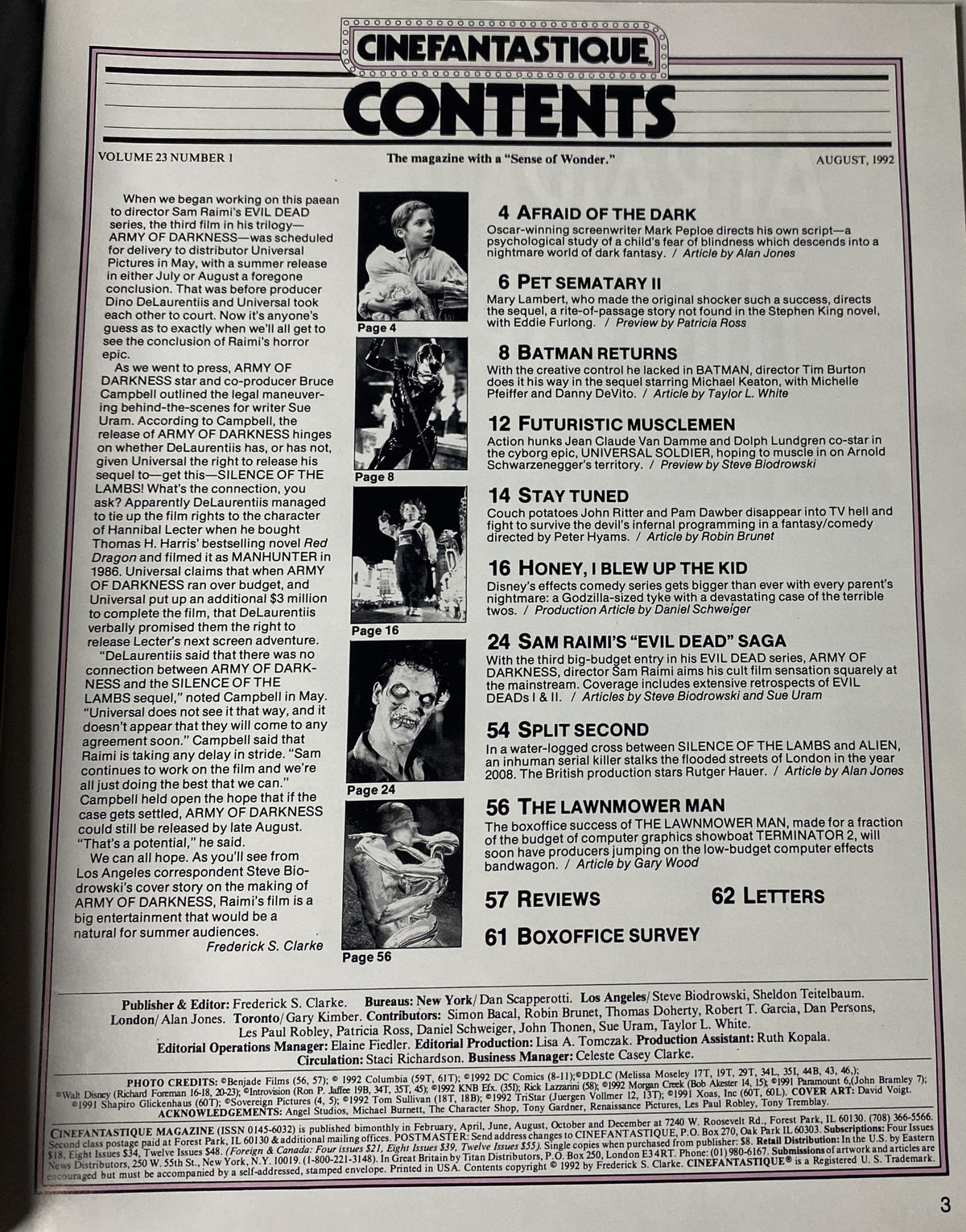 Contents page of Cinefantastique Magazine August 1992, listing featured articles including Evil Dead III: Army of Darkness, Batman Returns, and Pet Sematary II.
