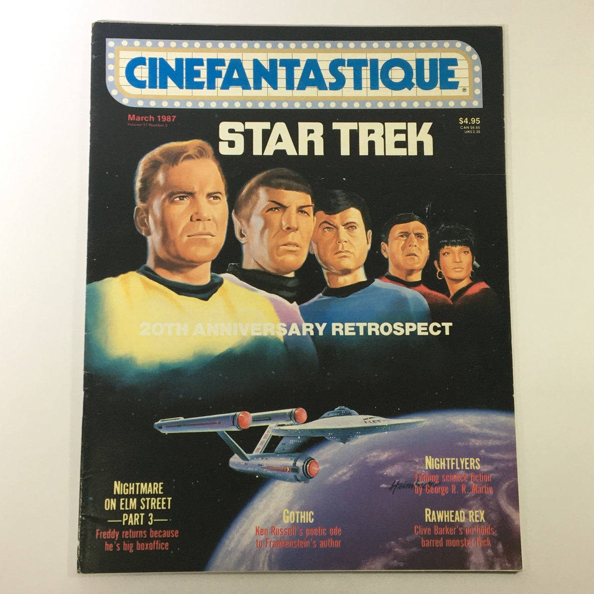 Cinefantastique Magazine, March 1987, Vol 17 #2 featuring Star Trek cast, highlighting a 20th anniversary retrospect with iconic characters on the cover.