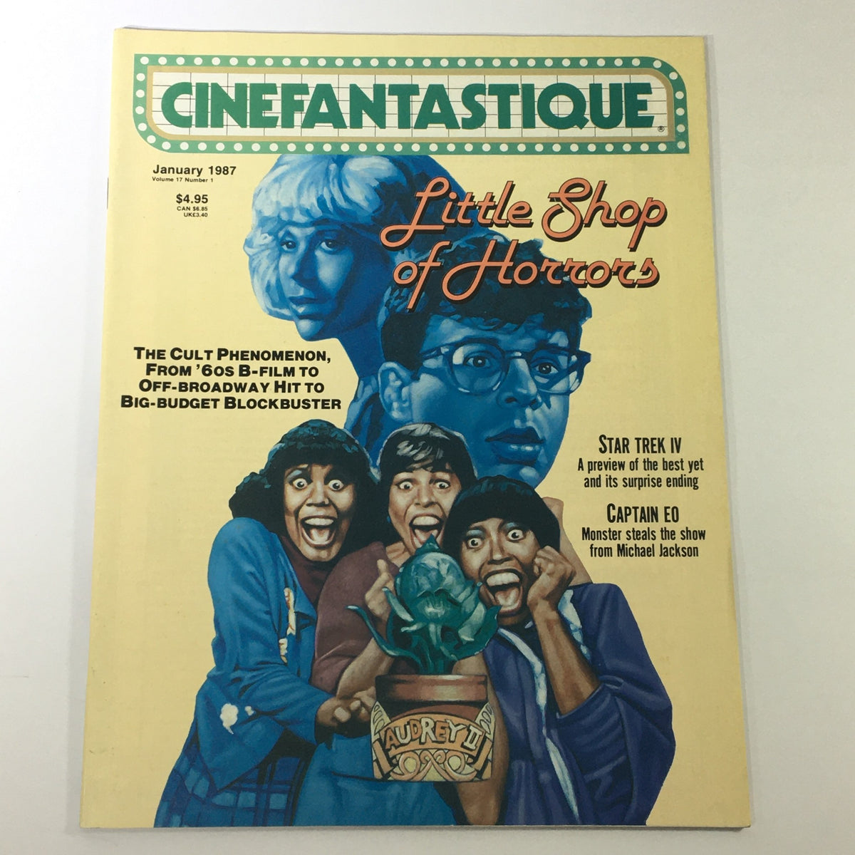 Cover of VTG Cinefantastique January 1987 Vol 17 #1 featuring images and articles on Star Trek IV, Michael Jackson's Captain Eo, and the Little Shop of Horrors.
