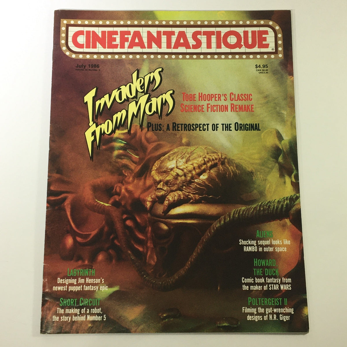 Front cover of VTG Cinefantastique July 1986 Vol 16 #3 featuring 'Invaders From Mars', along with highlights on 'Labyrinth', 'Short Circuit', 'Aliens', 'Howard the Duck', and 'Poltergeist II'.
