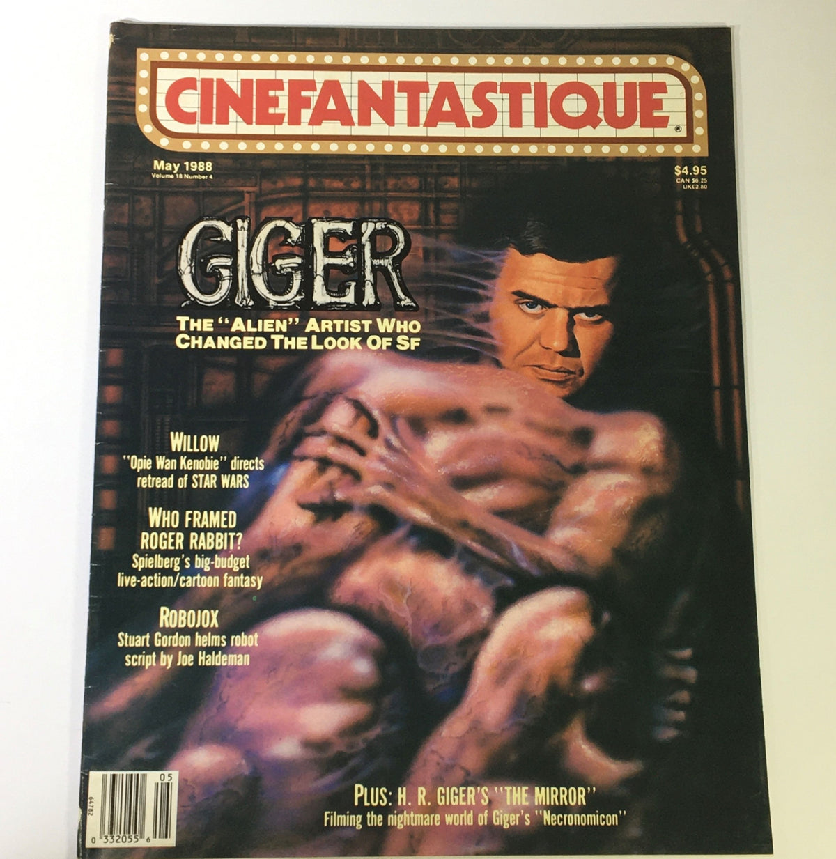 Cinefantastique May 1988 Vol 18 #4 magazine cover featuring H.R. Giger, showcasing 'The Alien Artist Who Changed the Look of SF', along with articles on 'Willow' and 'Who Framed Roger Rabbit?'. Perfect for vintage magazine collectors and science fiction enthusiasts.
