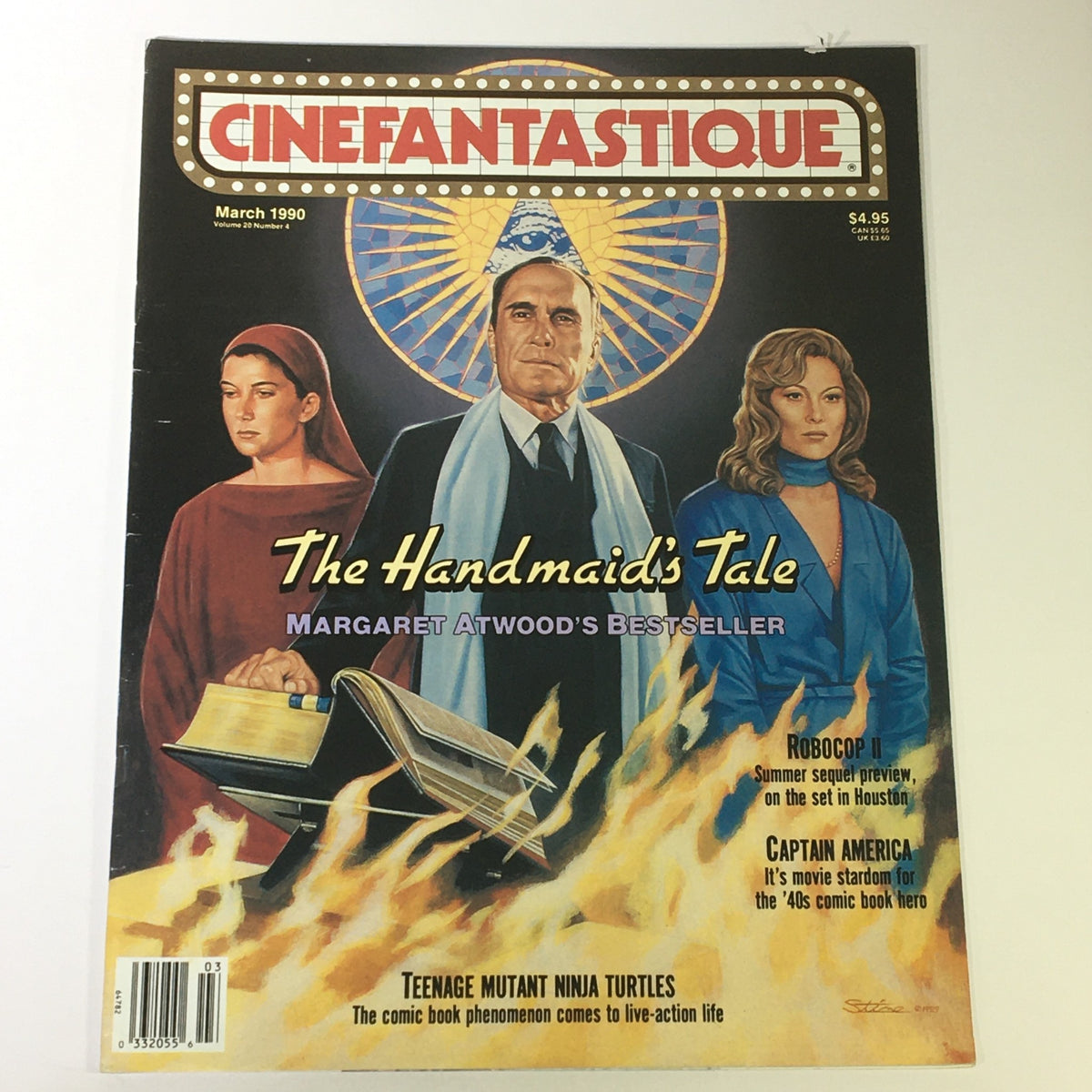 Cinefantastique March 1990, Vol 20 #4 issue featuring Margaret Atwood's The Handmaid's Tale on the cover, showcasing prominent characters against a fiery background.