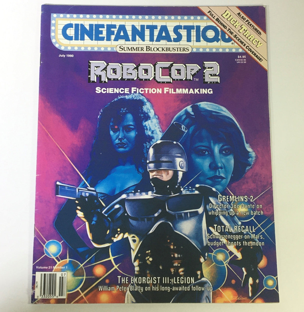 Cinefantastique July 1990 Vol 21 #1 cover featuring Robocop 2 along with highlights of science fiction filmmaking, including mentions of Gremlins 2, Total Recall, and The Exorcist III: Legion.