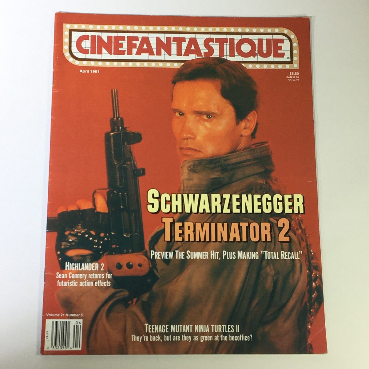 Cover of Cinefantastique April 1991 Volume 21, Issue 5 featuring Arnold Schwarzenegger in Terminator 2, highlighting the film's significance and previews for upcoming releases.