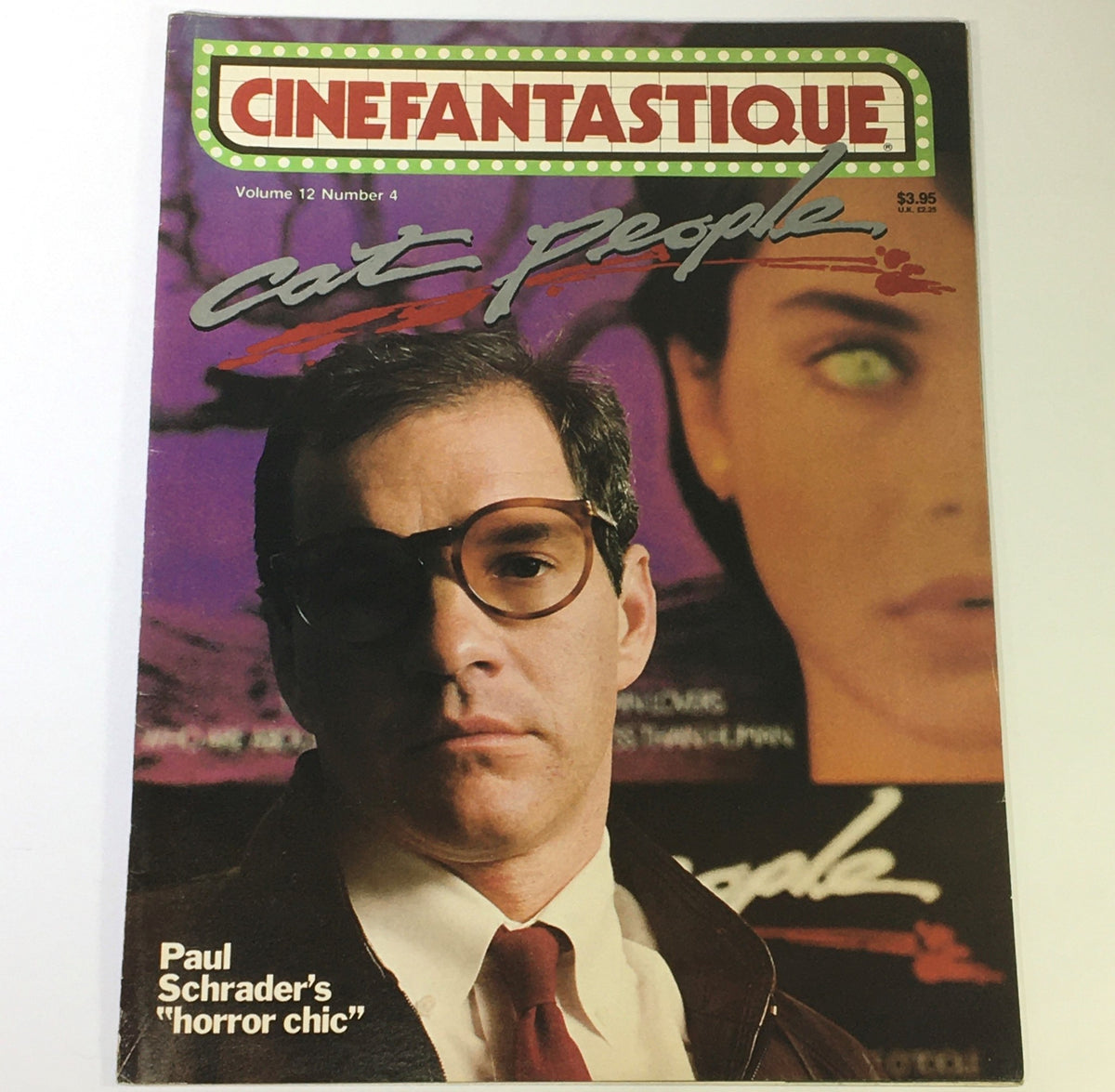 Vintage Cinefantastique magazine cover from June 1982, Volume 12, Number 4, featuring a prominent image of Paul Schrader with the title 'Horror Chic' highlighted, focused on the film 'Cat People'.