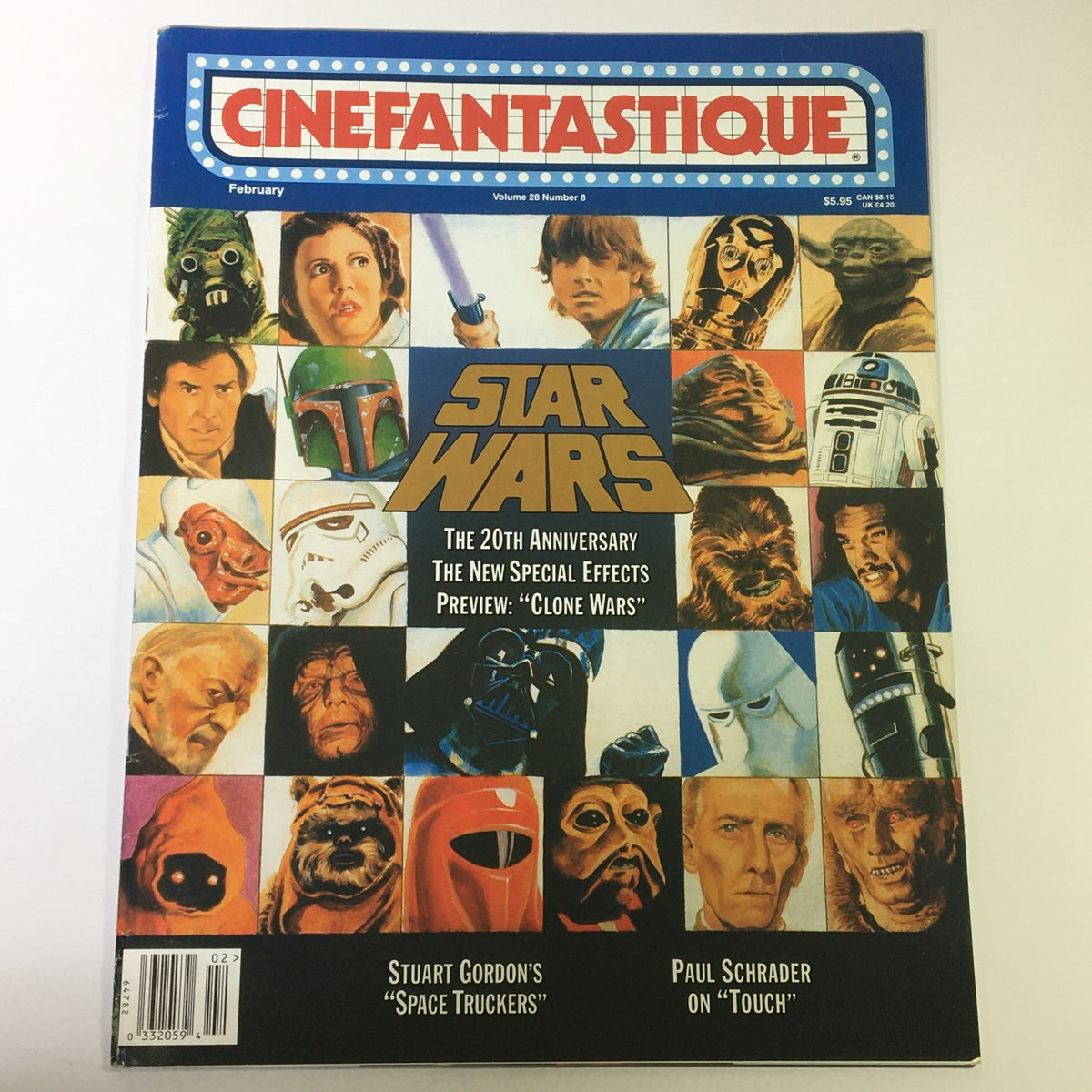Cover of Cinefantastique February 1997 Vol 28 #8 featuring artwork related to Star Wars, celebrating the 20th Anniversary with previews of 'Clone Wars', and highlighting Stuart Gordon's 'Space Truckers' and Paul Schrader's 'Touch'.