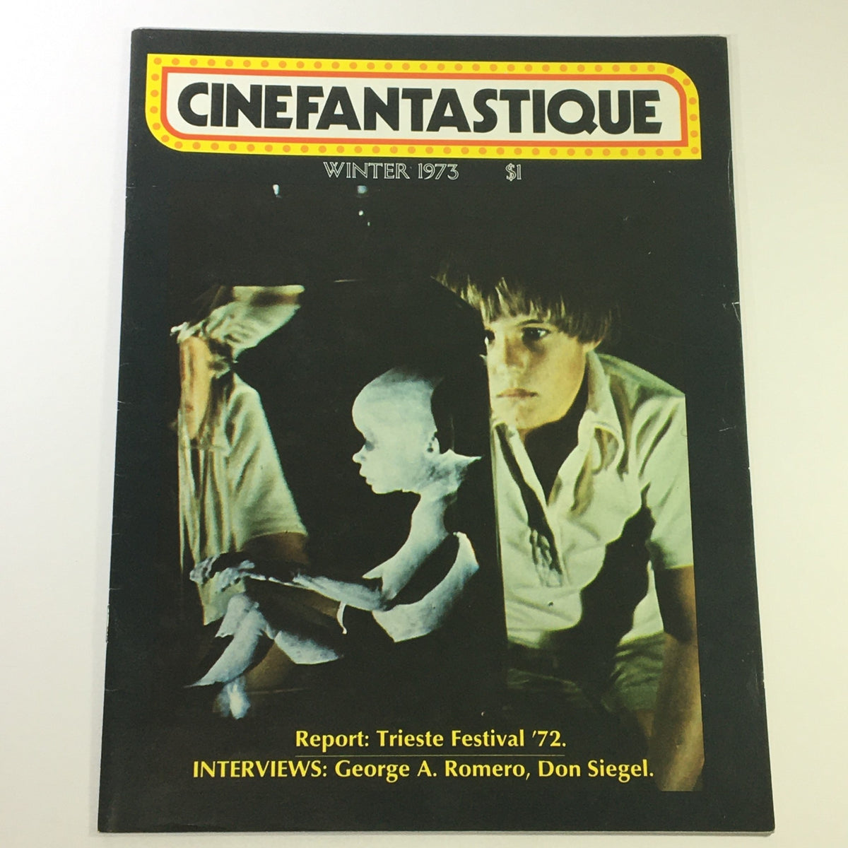 Cinefantastique Winter 1973 magazine cover featuring an eerie artistic depiction of a robot and children, highlighting interviews with George A. Romero and Don Siegel.