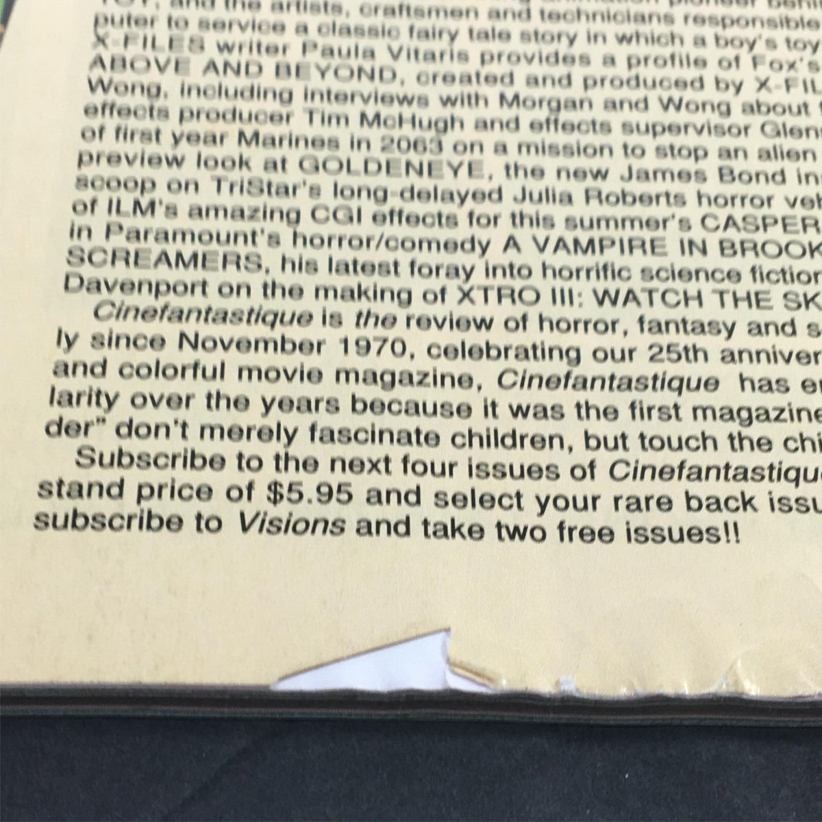 Back cover of Cinefantastique October 1995 Vol 26 & 27 #6 #1 with details about the magazine's history and subscription information, highlighting its focus on film and CGI advancements.
