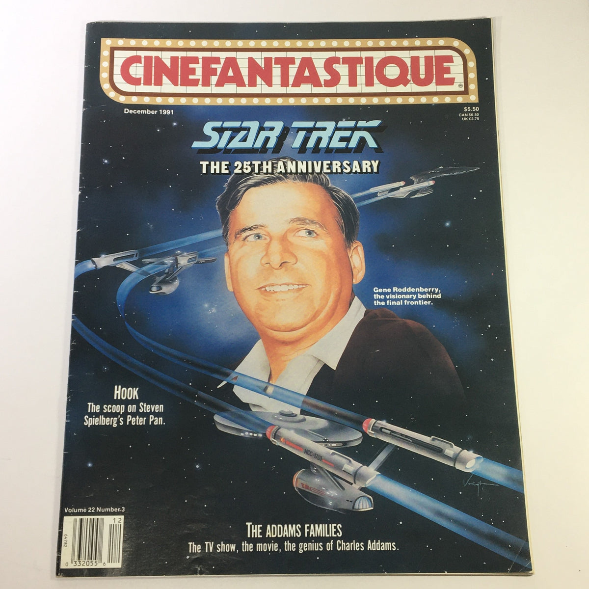 Cinefantastique December 1991 Vol 22 #3 showcasing Gene Roddenberry and features on Star Trek's 25th Anniversary, with mentions of Steven Spielberg's 'Hook' and The Addams Families.
