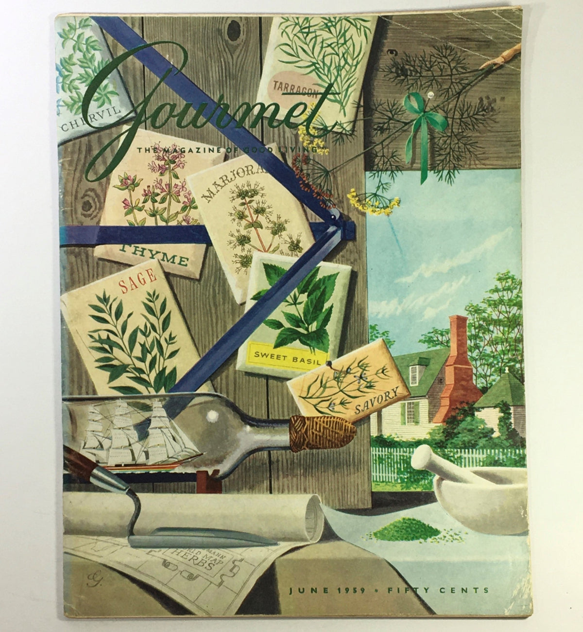 Cover image of VTG Gourmet The Magazine of Good Living June 1959 featuring herbs and culinary illustrations, showcasing the essence of mid-century gourmet dining.