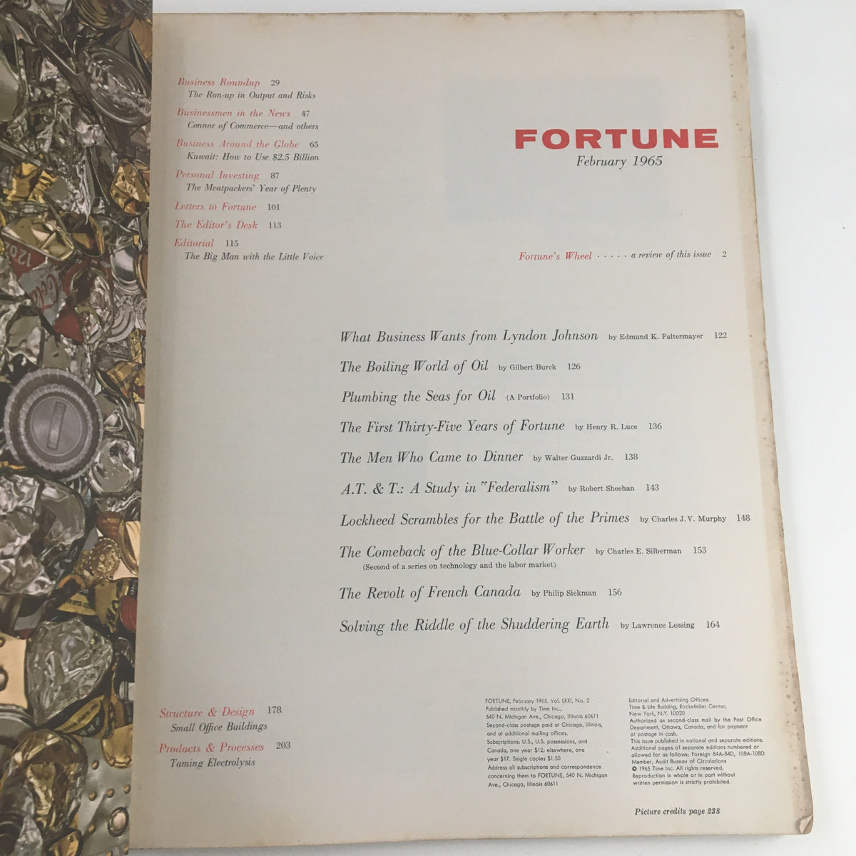 Table of contents page from Fortune Magazine, February 1965, listing articles including 'What Business Wants from Lyndon Johnson' and 'The Boiling World of Oil'.