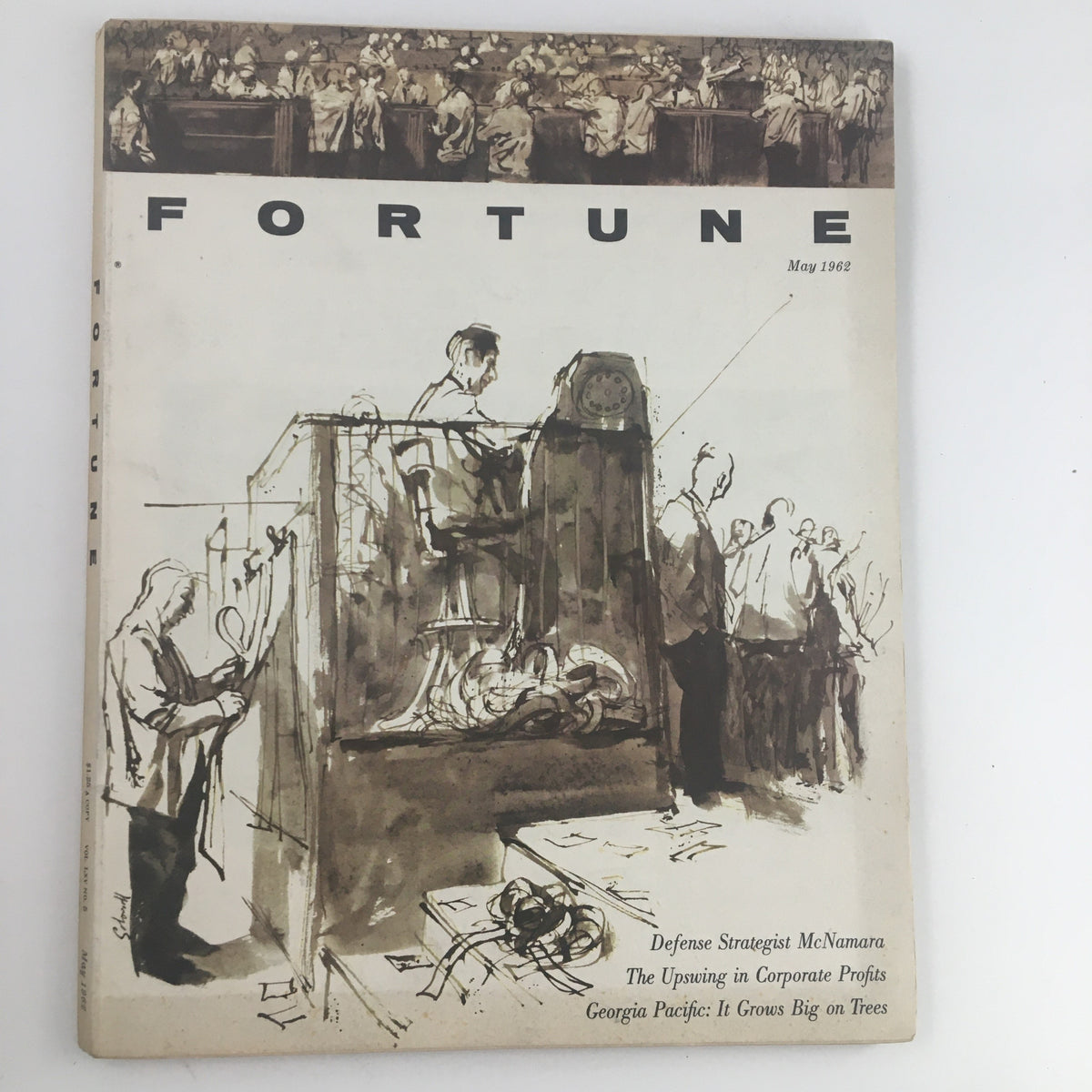 Fortune Magazine May 1962 cover featuring an illustration related to Georgia Pacific's article 'It Grows Big on Trees', along with headlines about Defense Strategist McNamara and corporate profits.
