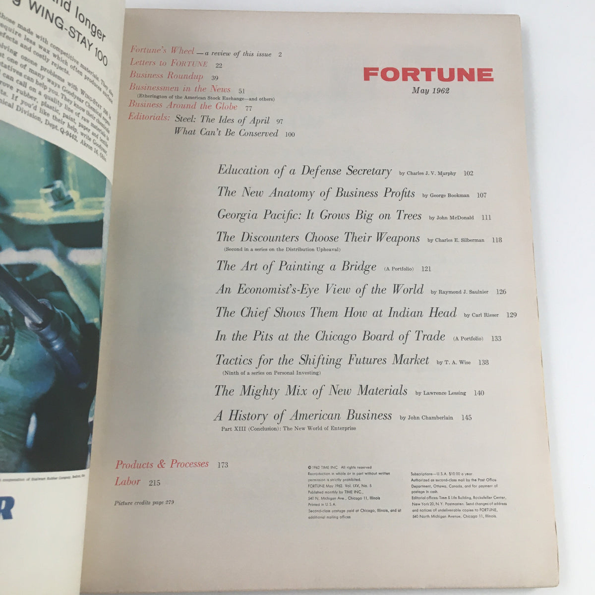 Inside view of Fortune Magazine May 1962, showcasing the table of contents including the feature article 'Georgia Pacific: It Grows Big on Trees'.