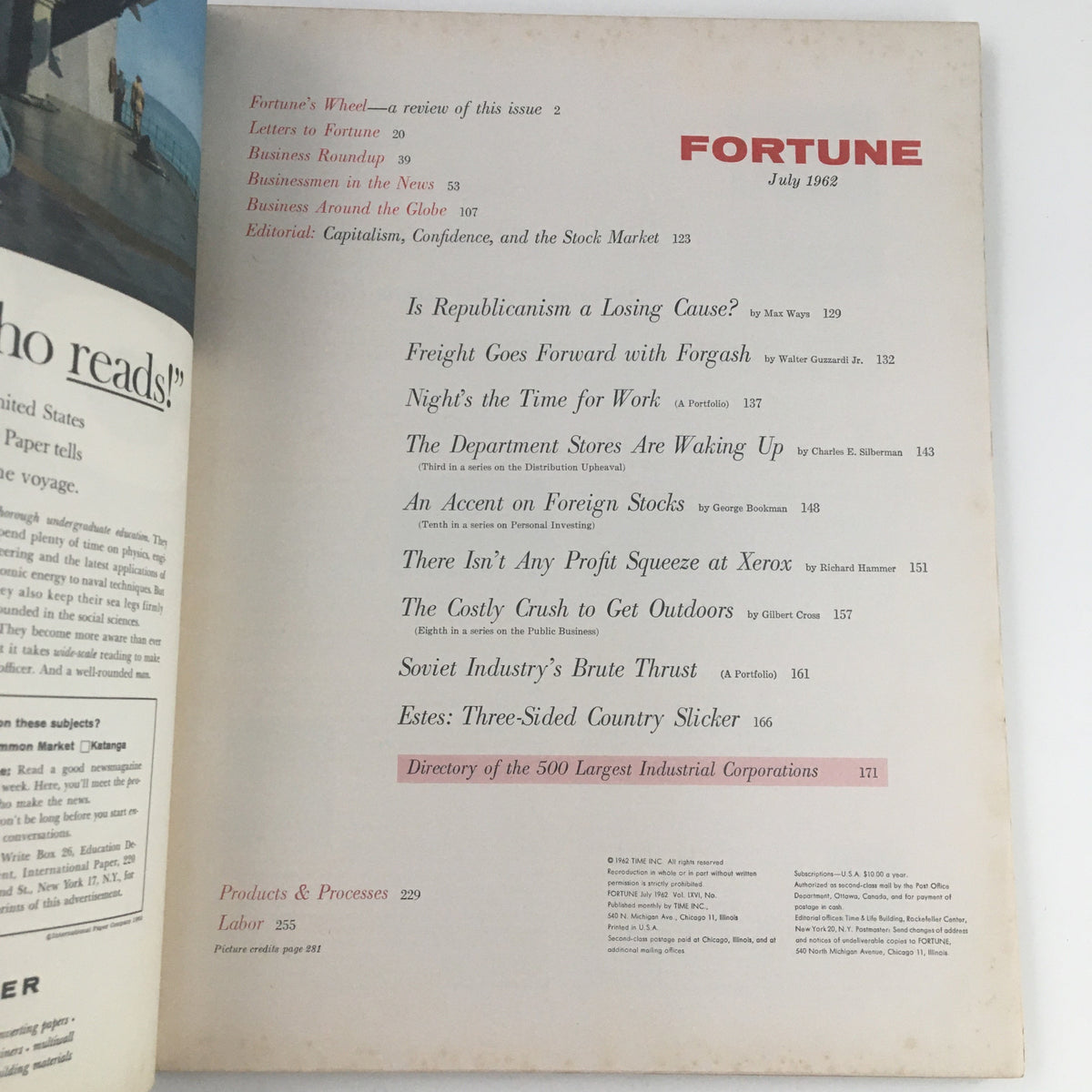 Inside view of Fortune Magazine July 1962, displaying the table of contents, including articles on Capitalism, Confidence, and the Stock Market.