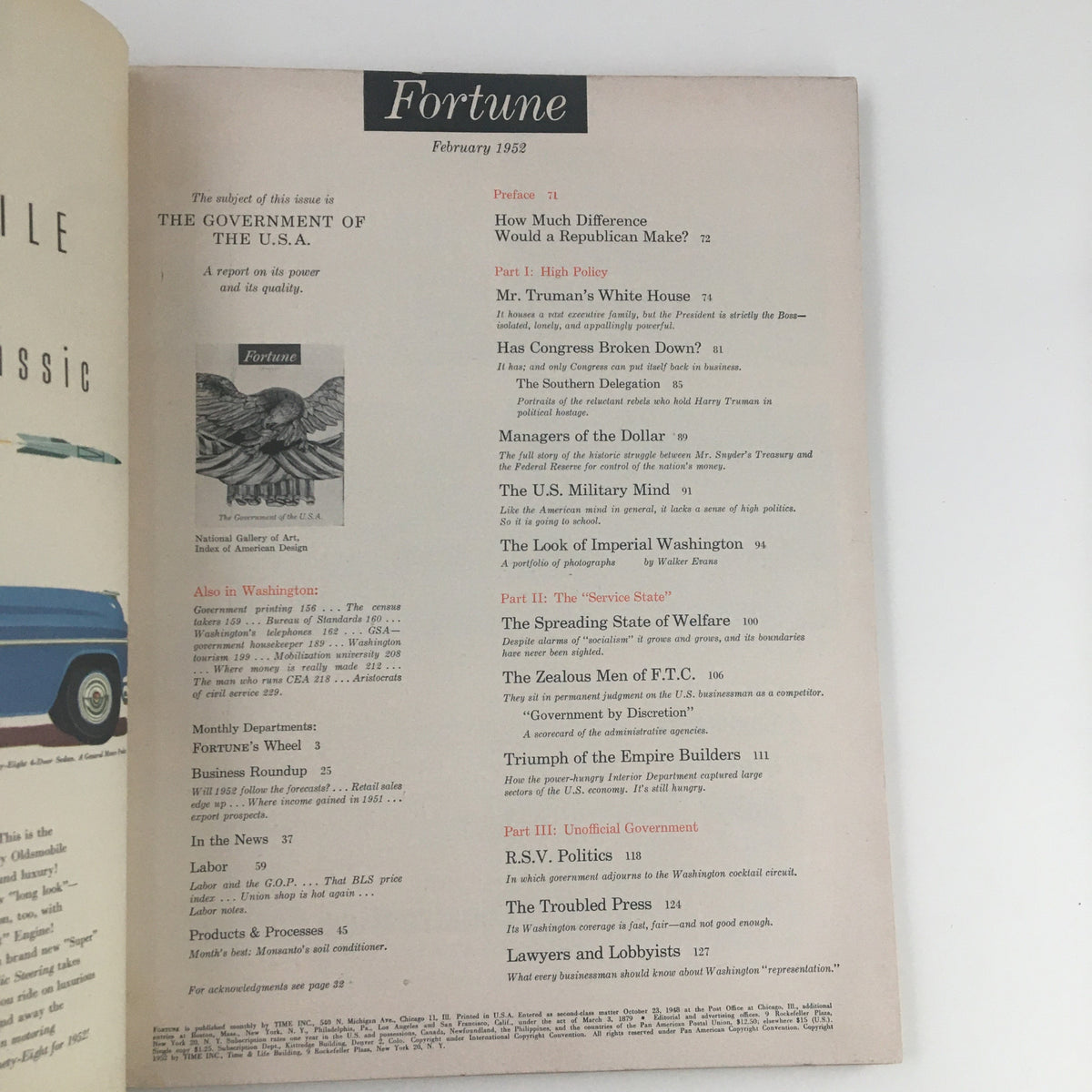 Interior page of Fortune Magazine February 1952 showcasing the table of contents with articles focused on The Government of the U.S.A.