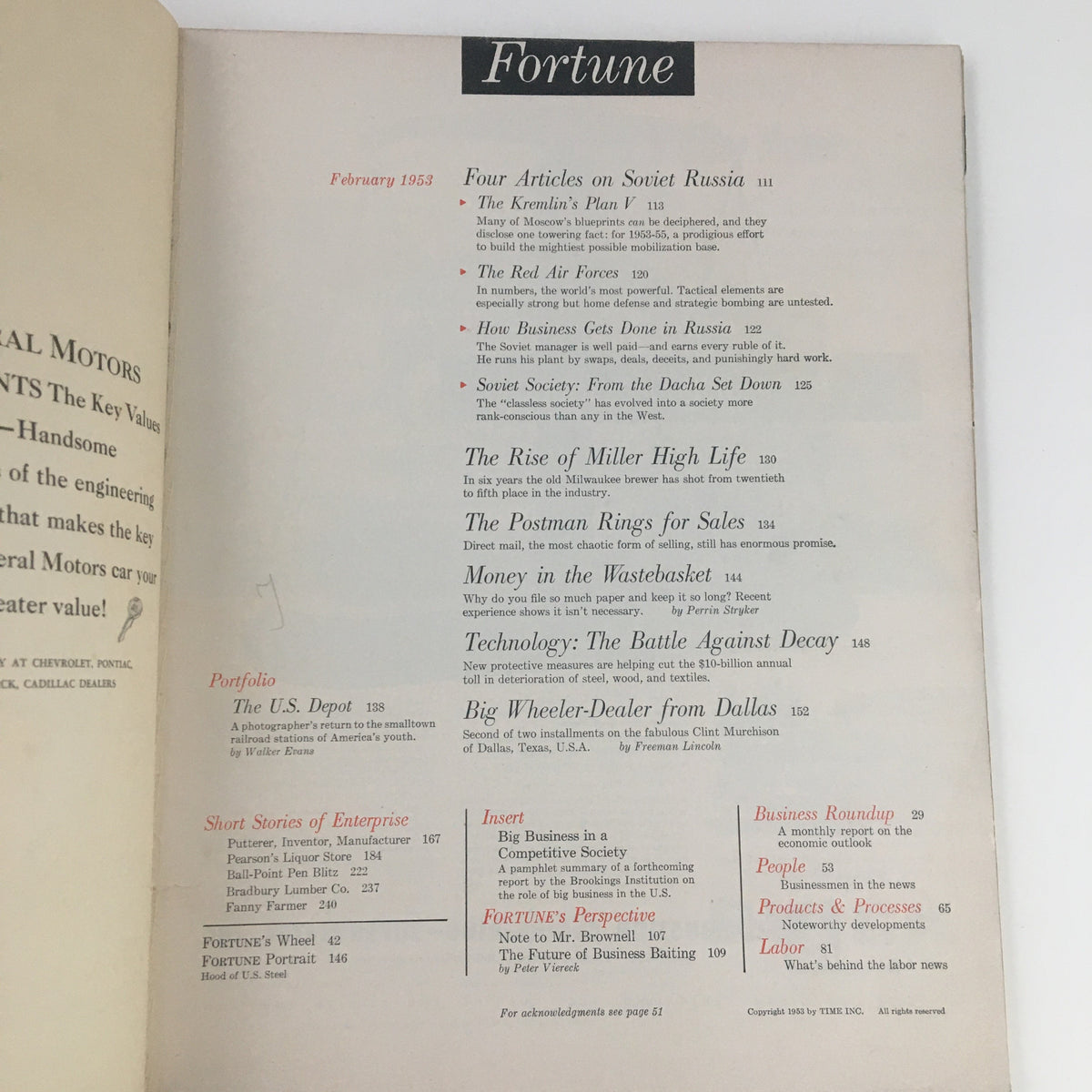 Interior page of Fortune Magazine February 1953 displaying the table of contents and article highlights, illustrating the publication's historical context.