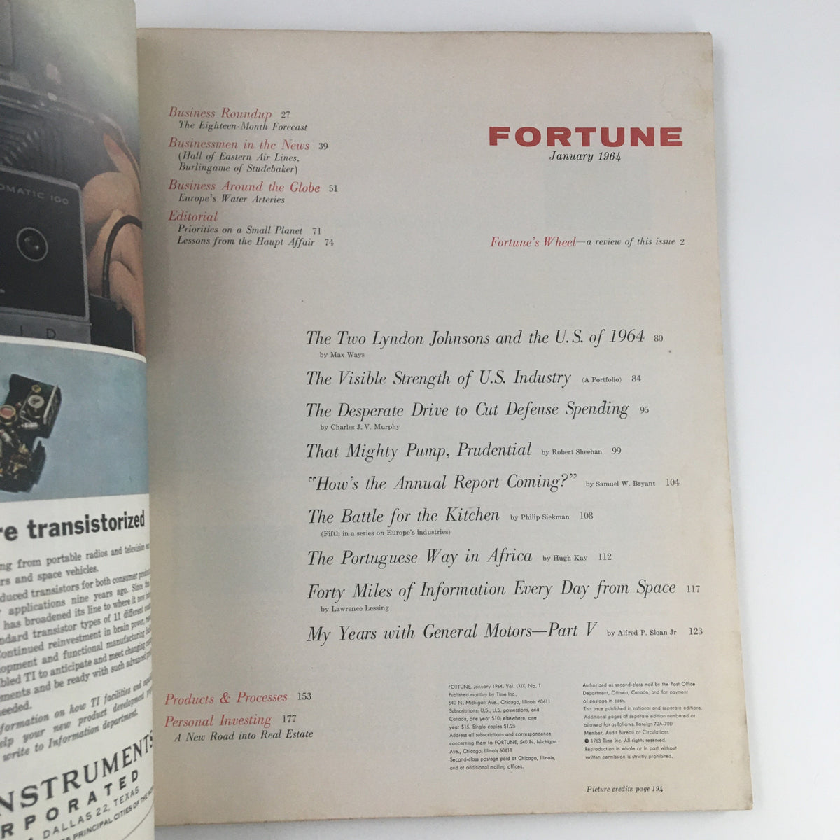 Inside page of Fortune Magazine January 1964 showcasing the table of contents with featured articles related to the U.S. under President Lyndon Johnson.