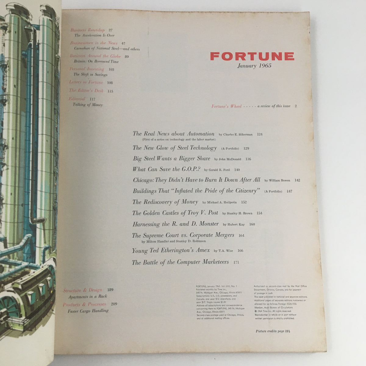 Interior page of Fortune Magazine January 1965, listing articles and topics such as automation, steel technology, and the economic landscape of the 1960s.