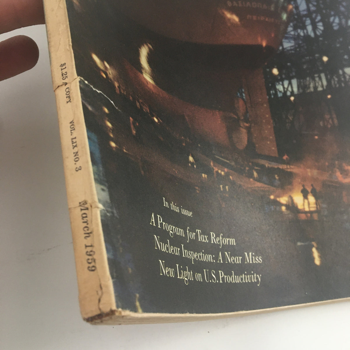 Fortune Magazine March 1959 showing the spine with issue details including "Nuclear Inspection: A Near Miss" and publication date. Ideal for collectors of vintage publications.