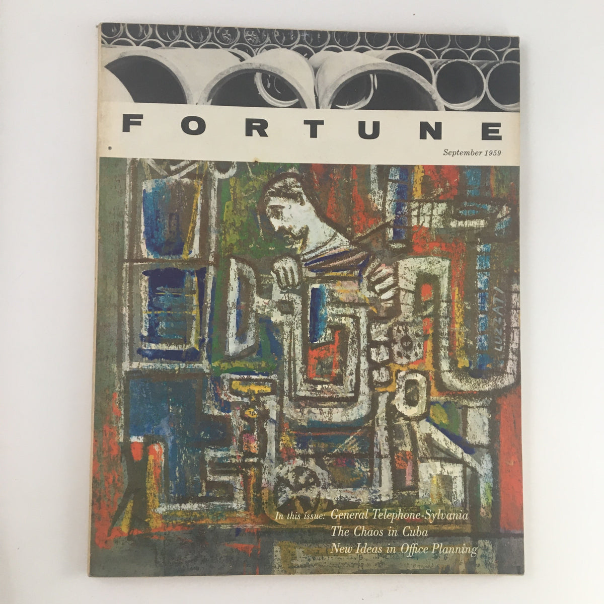 Cover of Fortune Magazine September 1959 featuring vibrant artwork and the title 'Fortune'. The cover highlights themes of new ideas in office planning, along with mentions of General Telephone-Sylvania and The Chaos in Cuba.