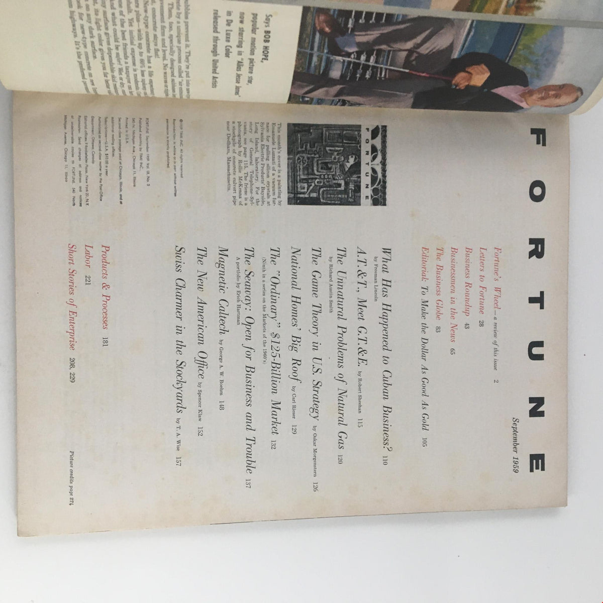 Inside page of Fortune Magazine September 1959 with contents listing and the magazine title, emphasizing innovative concepts in business.